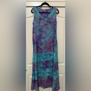 Women’s Soft Surroundings Maxi Dress‎ VNeck Aqua Purple Lounge Beach Dress Sz M.